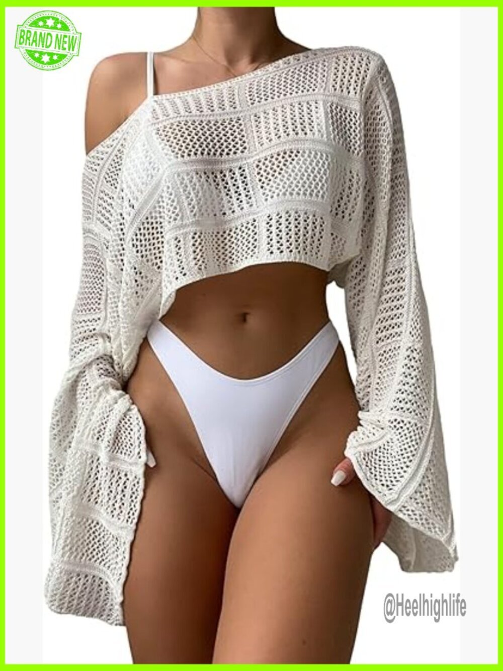 Crochet Sheer Long Sleeve Cover Up Hollow Out Boat Neck Swimsuit